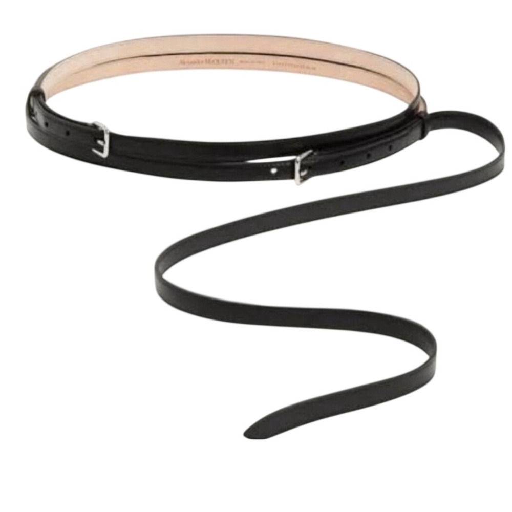 Auth Alexander McQueen Black Leather Double Wrap Belt Made in Italy Sz 70 NEW